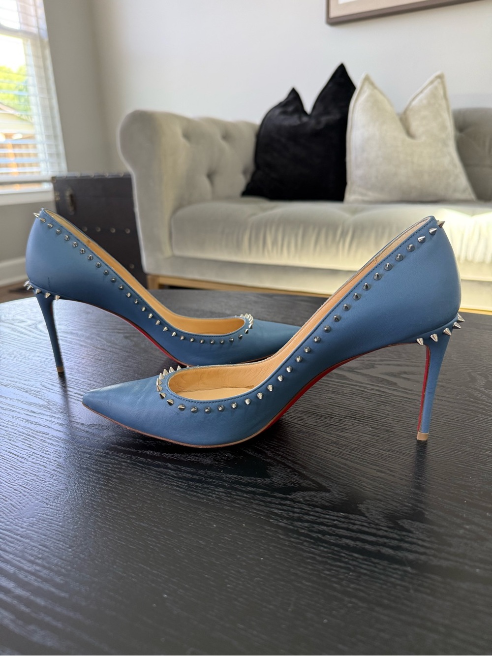 Christian Louboutin Blue Studded Pointed-Toe Stiletto Pumps Size 38.5